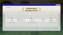 Example of Residence Permit. Additional option to change children and pets would be added if player has children and pets.